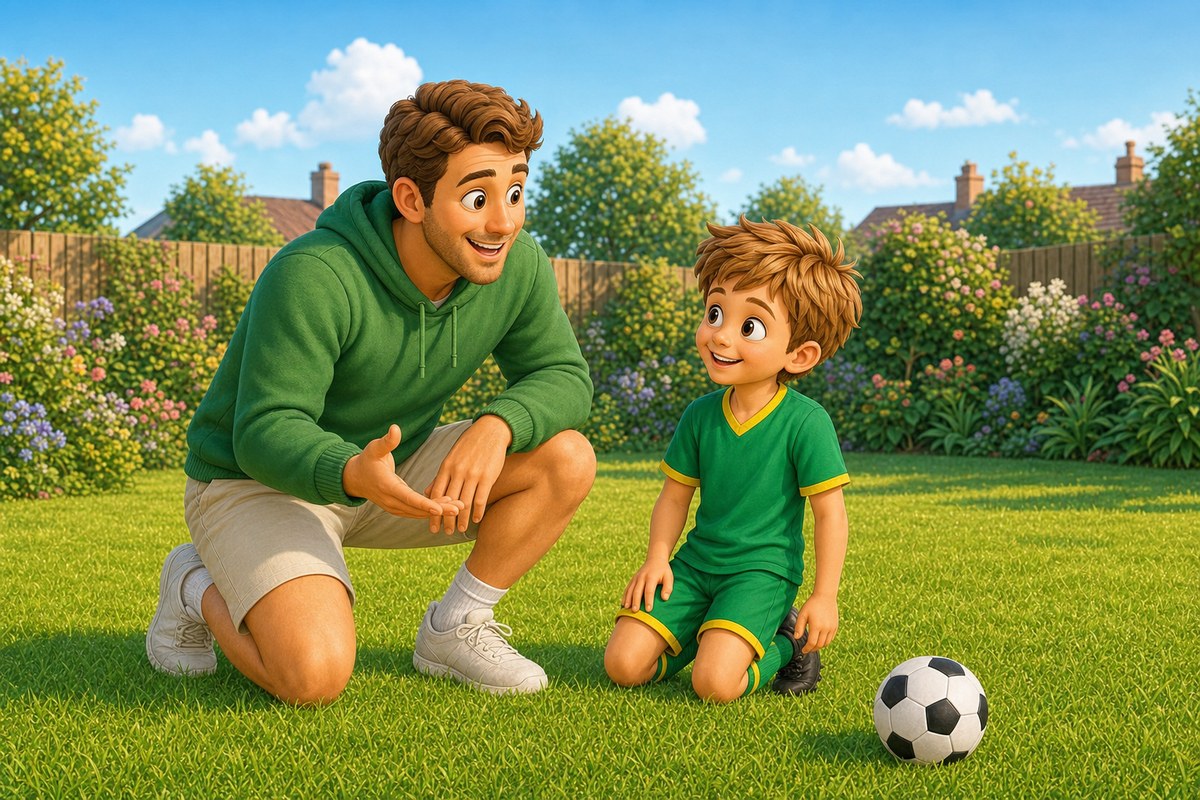 Cartoon dad kneeling at his son's eye level beside a football, both smiling mid-conversation in a UK back garden