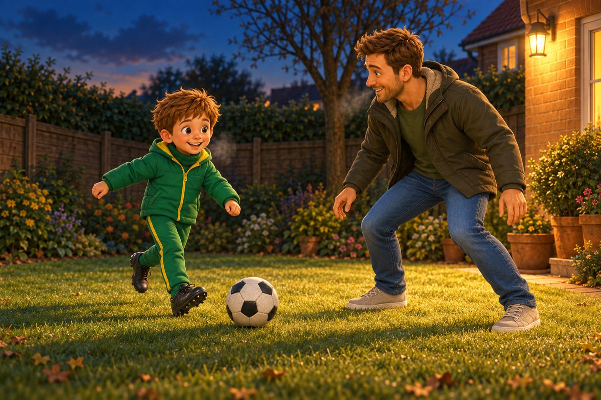 Dad and boy playing football in a UK garden at dusk, a warm security light illuminating one corner of the lawn, breath faintly visible in the cold evening air.