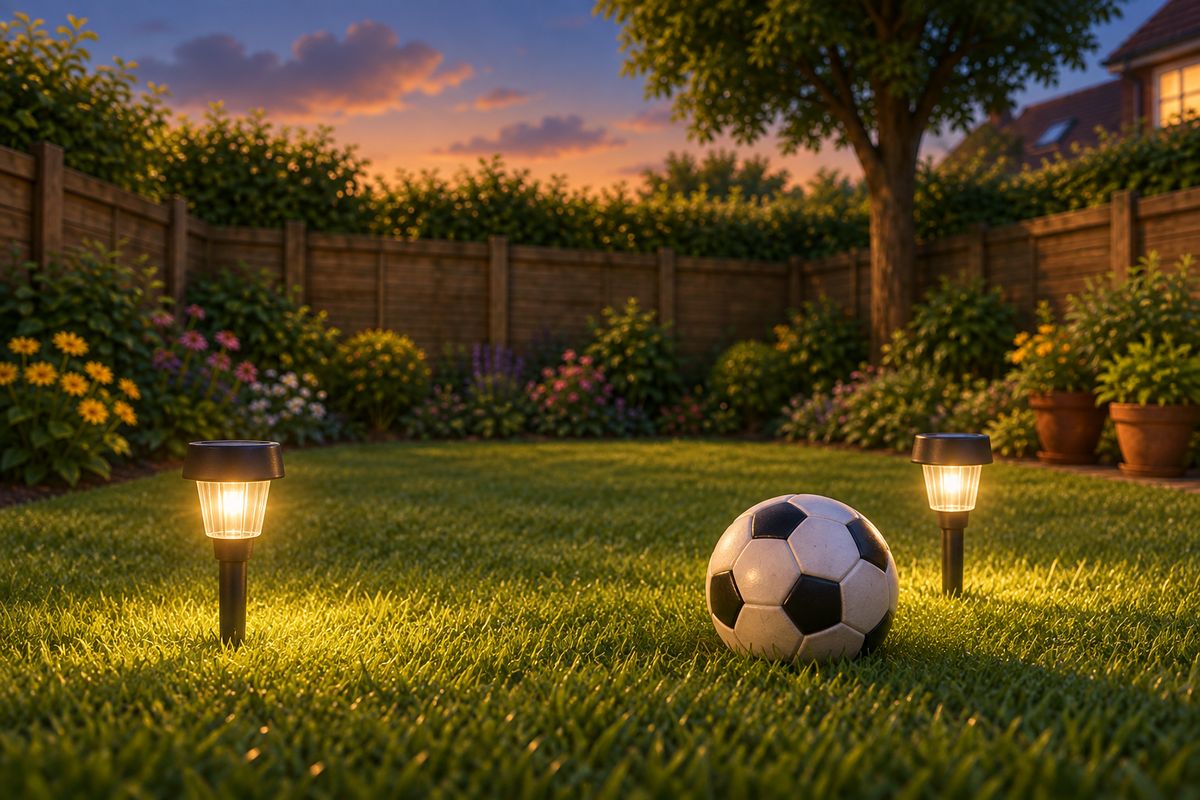 A close view of a couple of solar stake lights positioned just outside the running area on the grass at dusk.