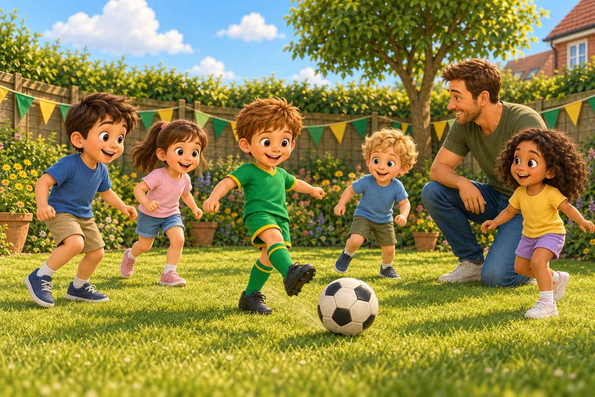 A small group of children playing a football game together in a UK garden decorated with simple party bunting, a football rolling between them.