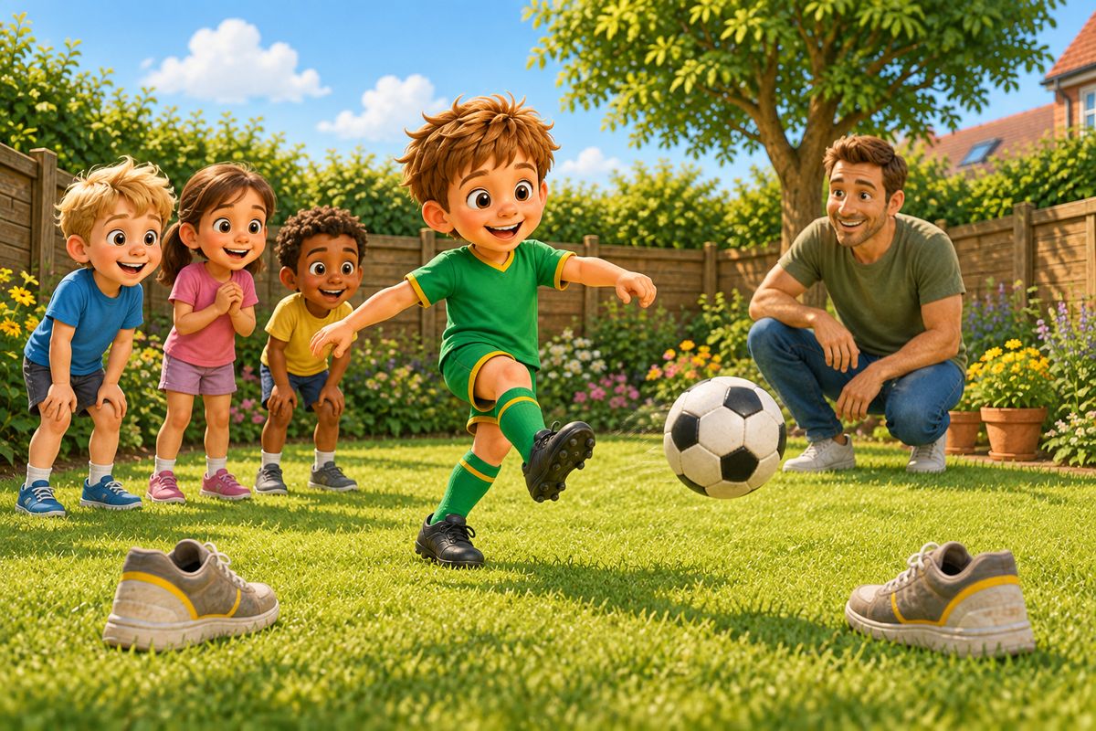 Two children taking turns at a simple garden penalty game while other children wait their turn nearby, all smiling.