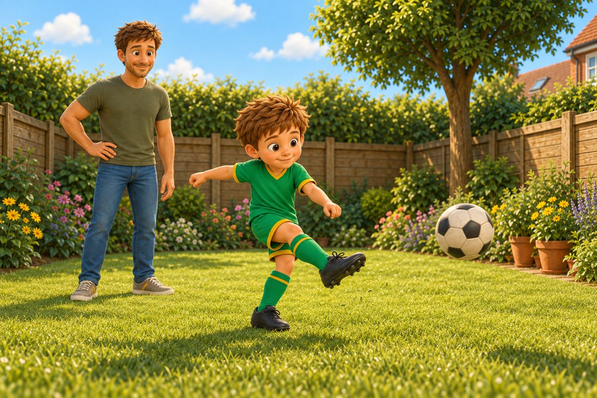 A boy kicking a football against a garden fence and preparing to control the rebound, dad watching a few steps away.