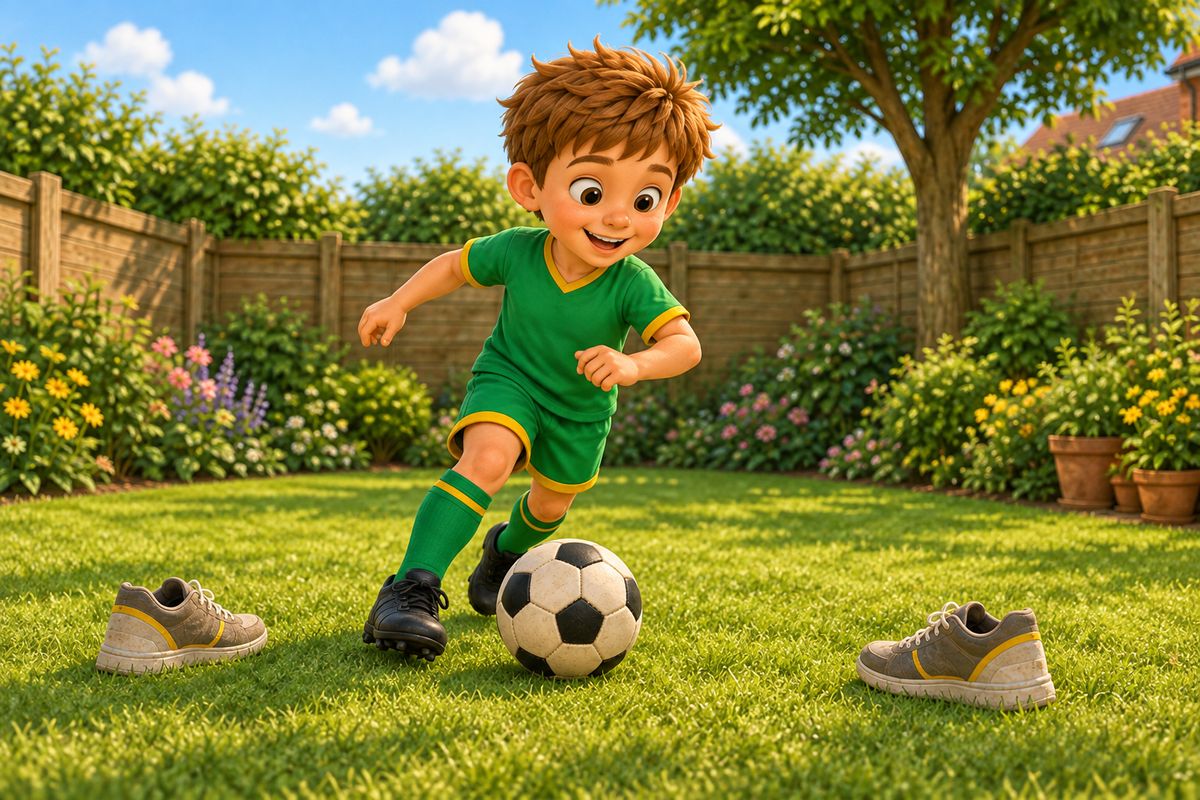 A boy dribbling between two simple markers, trainers or cones, set a short distance apart.