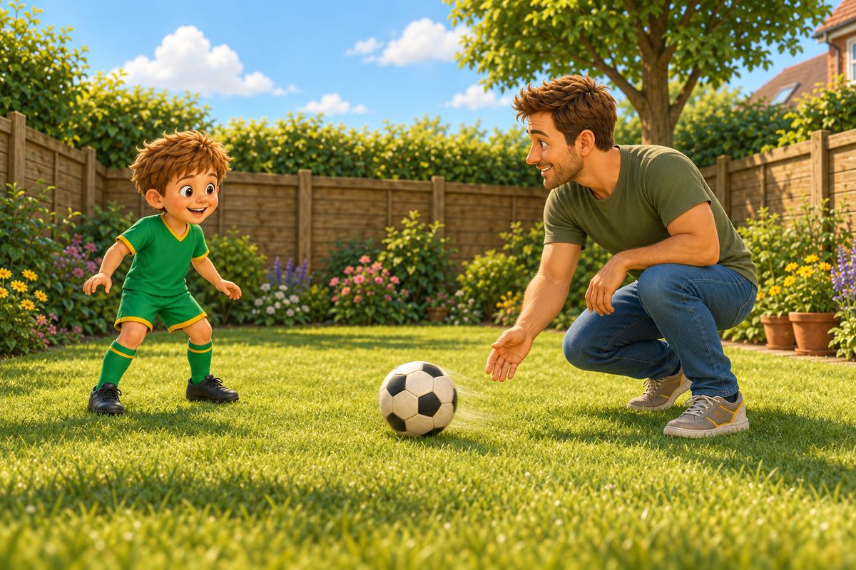 A dad gently rolling a ball toward a boy who is clearly playing football for the very first time, in an open patch of a small UK garden.