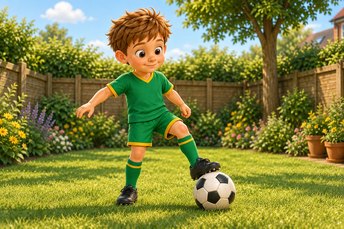 A boy stopping a slowly rolled ball with his foot, concentrating but not straining.