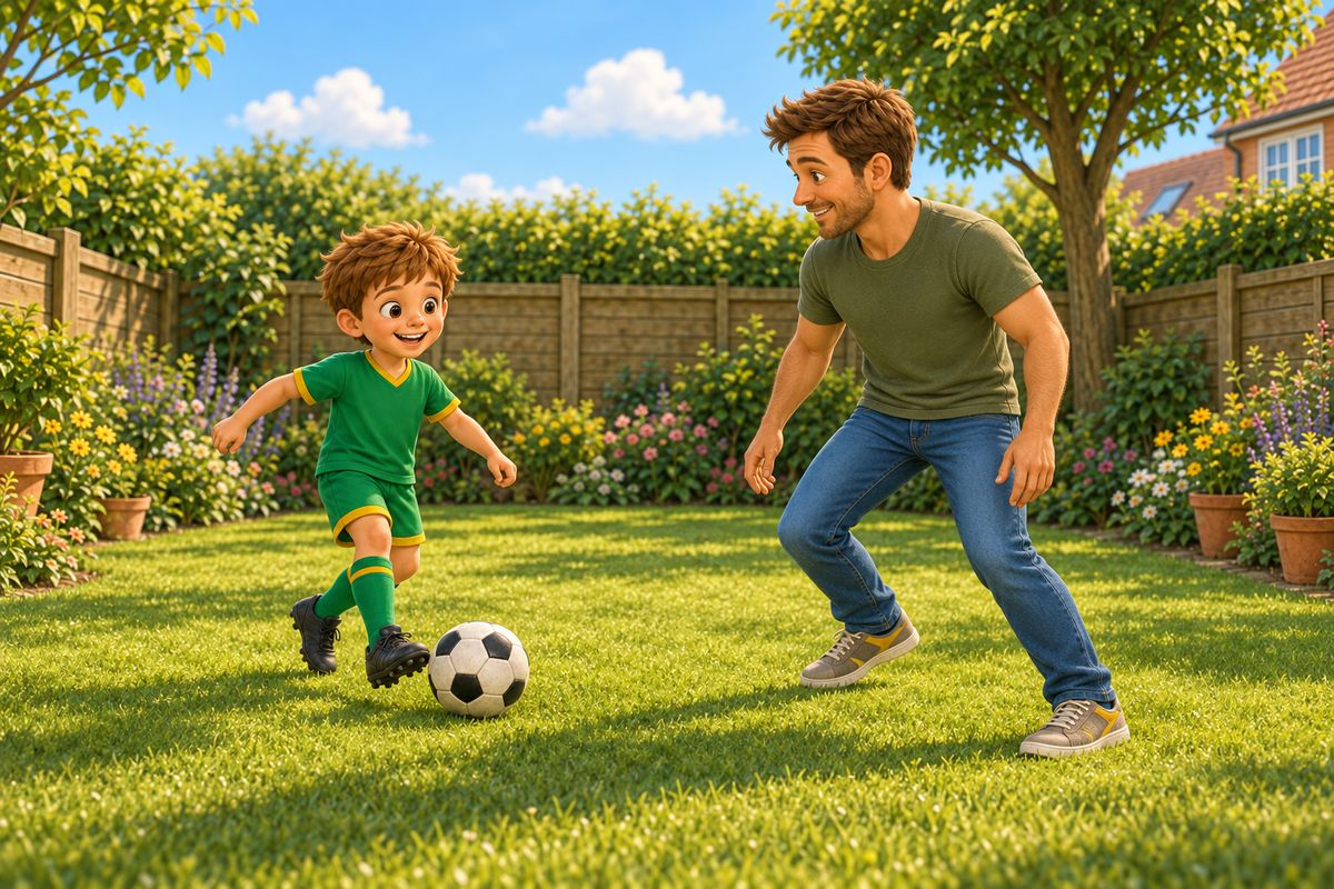 A dad and boy playing a calm, low-key football game in a garden with a soft ball, relaxed body language and plenty of space around them.