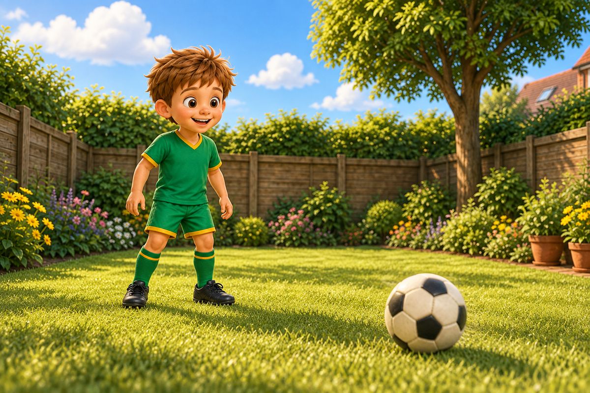 A soft football rolling slowly across grass toward a boy, with wide open, calm space around it.