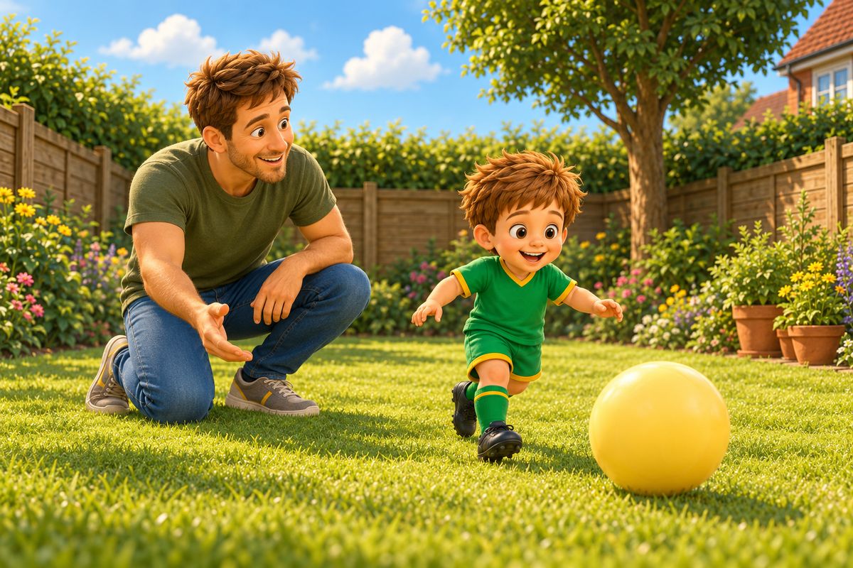 A dad crouches on the lawn smiling while a small young boy toddles after a big, pale yellow, soft ball rolling across the grass.