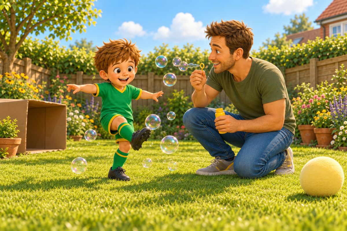 A small boy stamps at floating bubbles on the grass while his dad kneels nearby, with a cardboard box on its side and a big soft ball to one side.