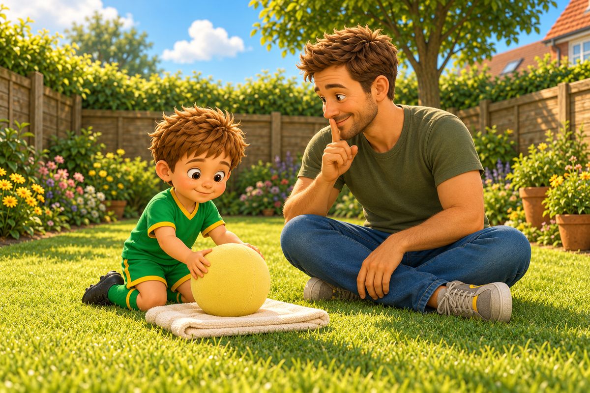 A small boy lays a big soft ball onto a folded towel on the grass as if putting it to bed, while his dad beside him holds a finger to his lips.