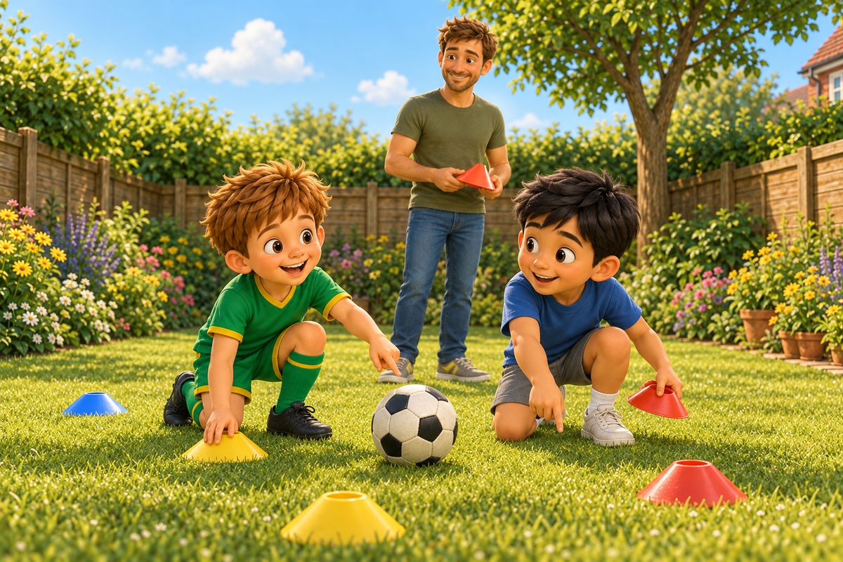 A dad, his boy and a visiting friend lay out cone holes on the lawn for a game of garden golf.