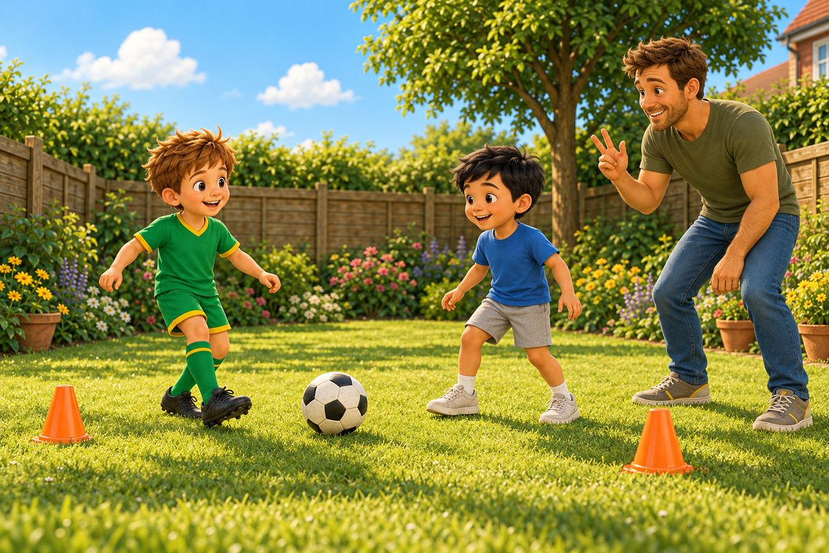 Two children pass a ball back and forth between two cones while a dad counts on his fingers.