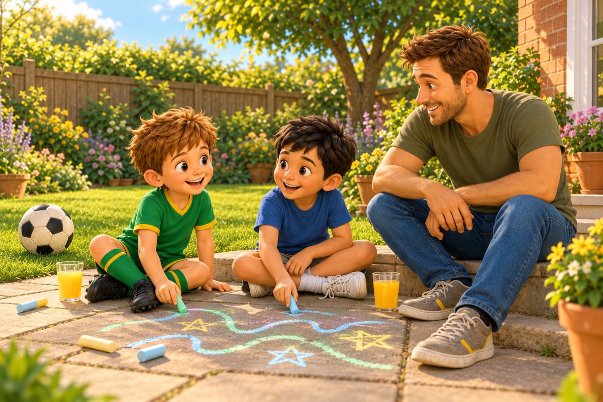 A dad, a boy and a visiting friend sit on the garden step with drinks and chalk while the ball rests on the lawn.
