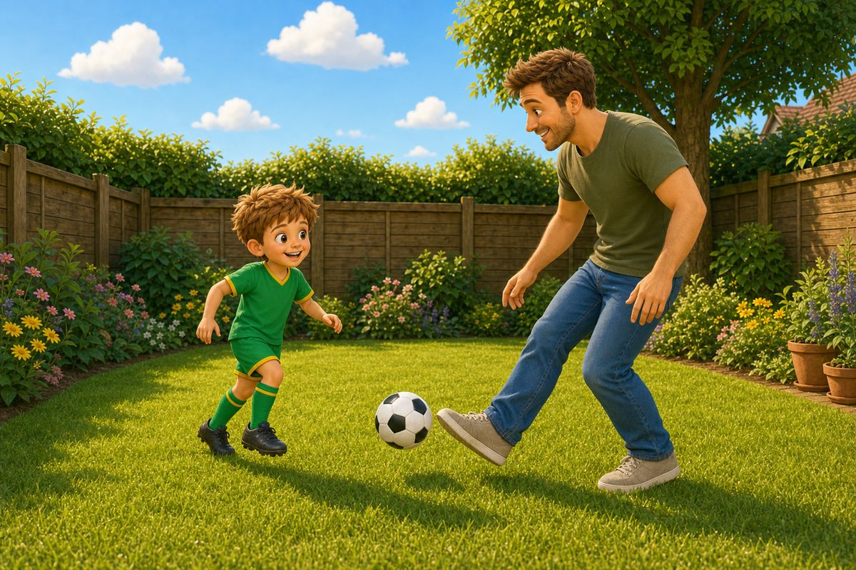 Cartoon dad and boy passing a football back and forth in a small UK garden, relaxed, no goals or targets in sight