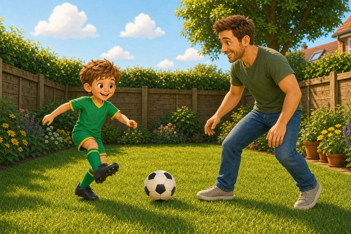 Cartoon dad and boy keeping a football rally going between them in a garden, both mid-touch, same side not opposite