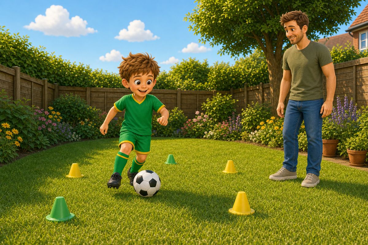 Cartoon boy dribbling a football through a wandering line of cones in a garden, dad watching, no timer or stopwatch visible
