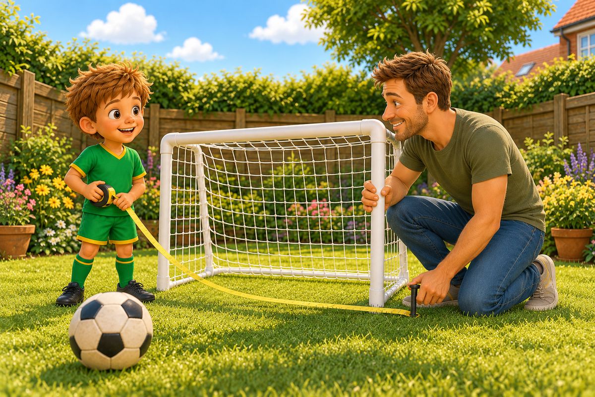 A dad kneels at the back of a small white football goal on a lawn, pushing a plastic peg into the grass, while a boy holds the end of a tape measure beside him.