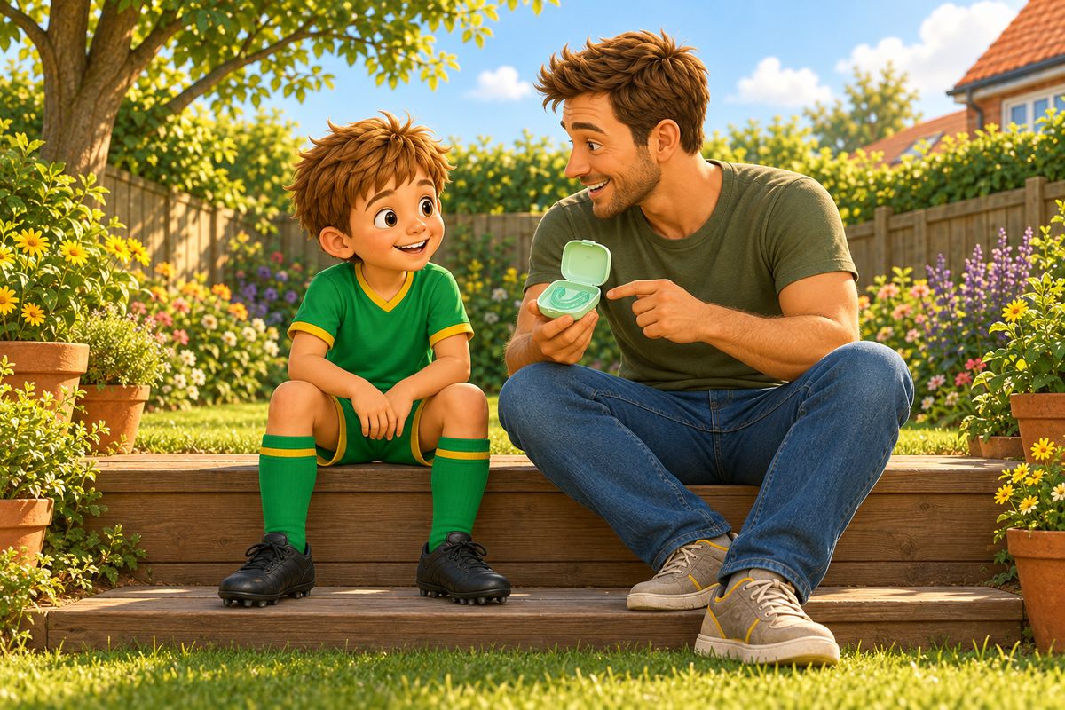 A dad and a boy sit together on a garden step, the dad holding a plain open mouthguard case while the boy smiles.