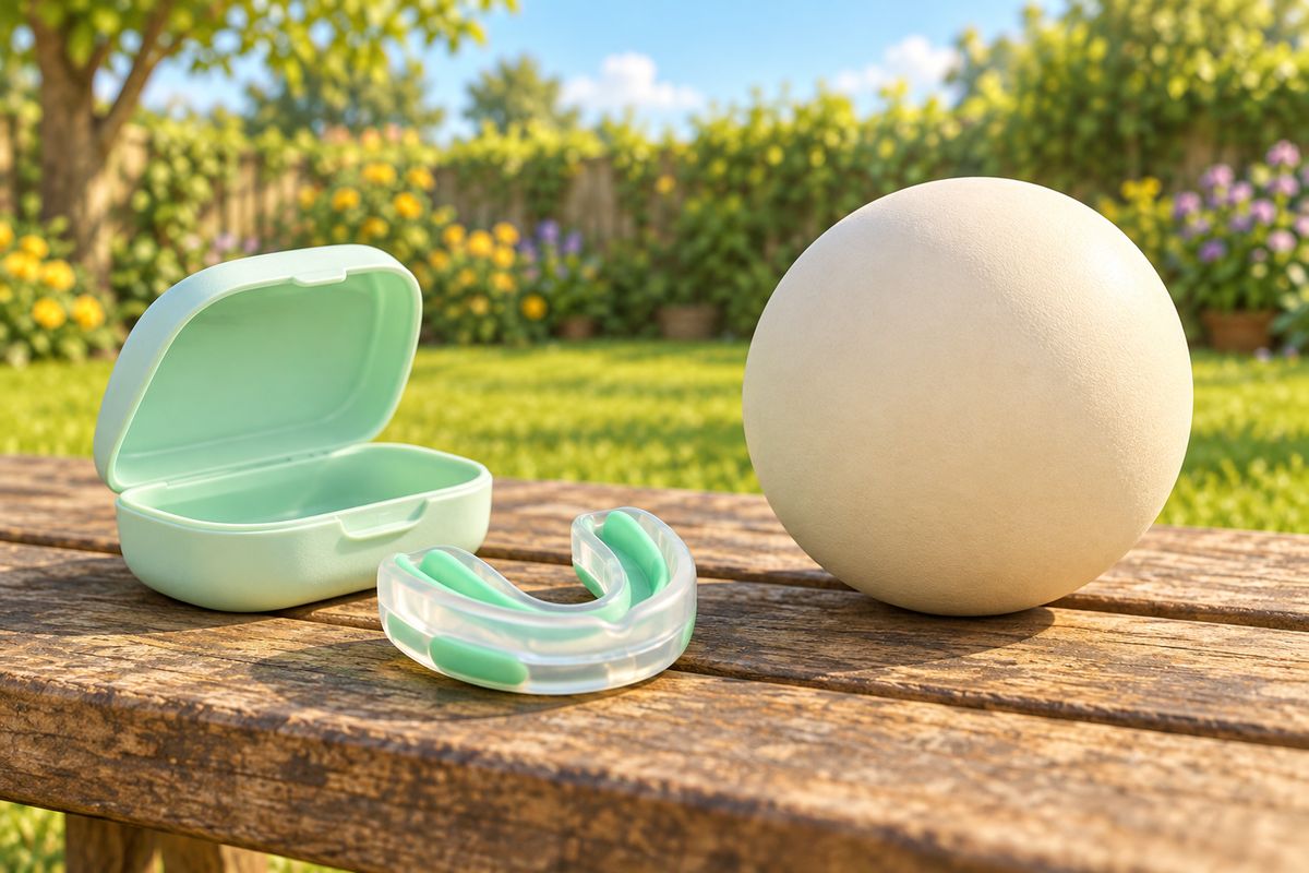 A plain clear-and-mint mouthguard beside its open case and a soft ball on a wooden garden bench.