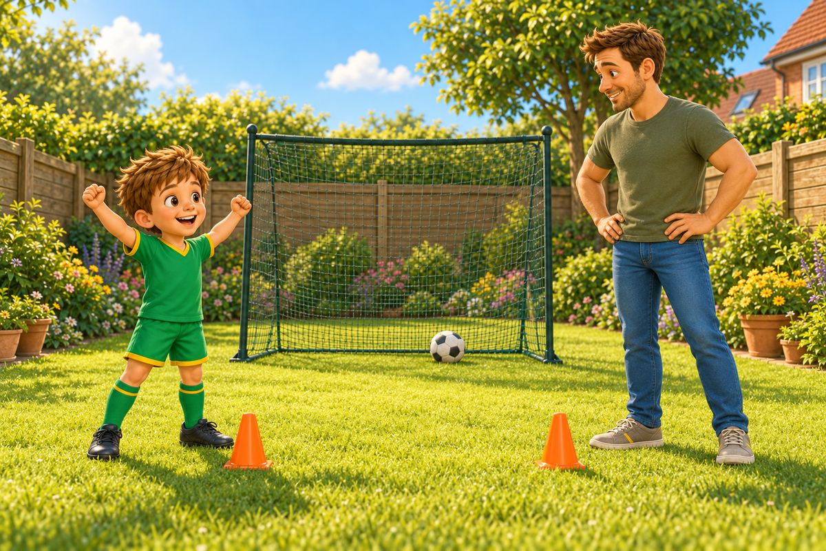 A dad and his boy on a small lawn with a tall garden net standing behind a little goal, a ball just stopped by the net and a wooden fence behind it.