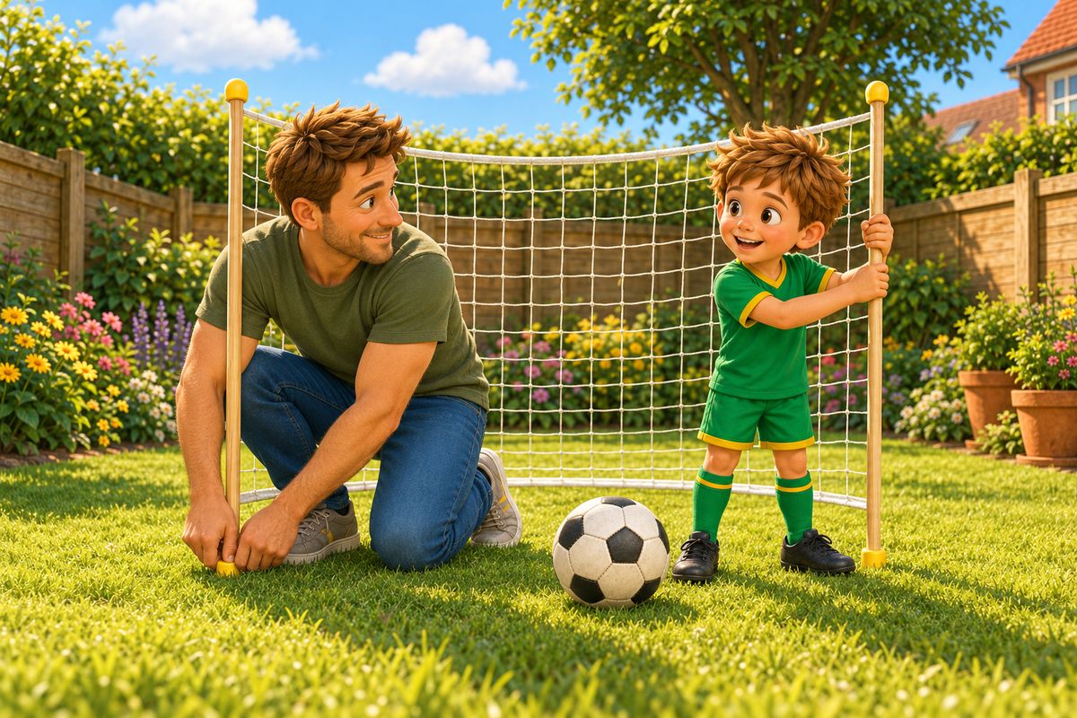 A dad kneels on the lawn pressing a peg into the grass at the bottom of a garden net while his boy holds a cane upright and a ball rests on the grass nearby.
