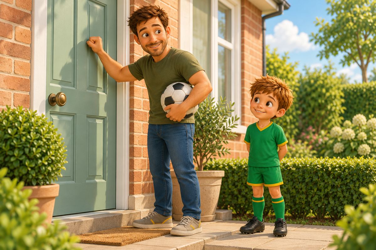 A dad with a ball under one arm raises a hand to knock on a plain front door while his boy waits a step behind, both smiling.