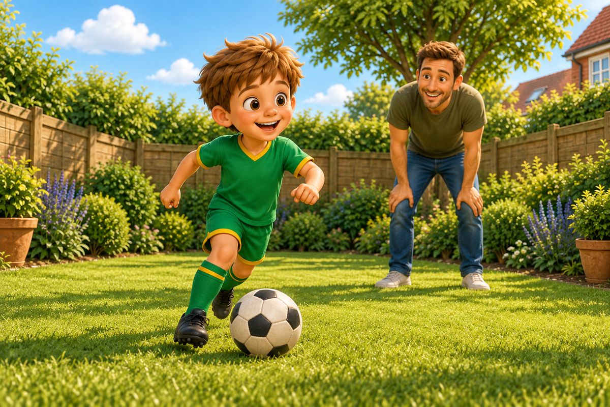 A boy plays football on the open lawn of a UK garden while a sturdy border of hardy evergreen shrubs sits safely back from the play area.