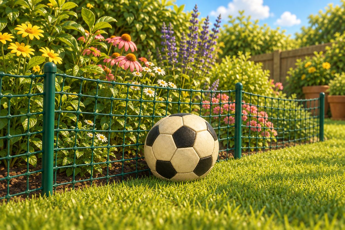 A low garden border protected by simple green netting, with a football resting against it having been safely stopped rather than reaching the flowerbed.