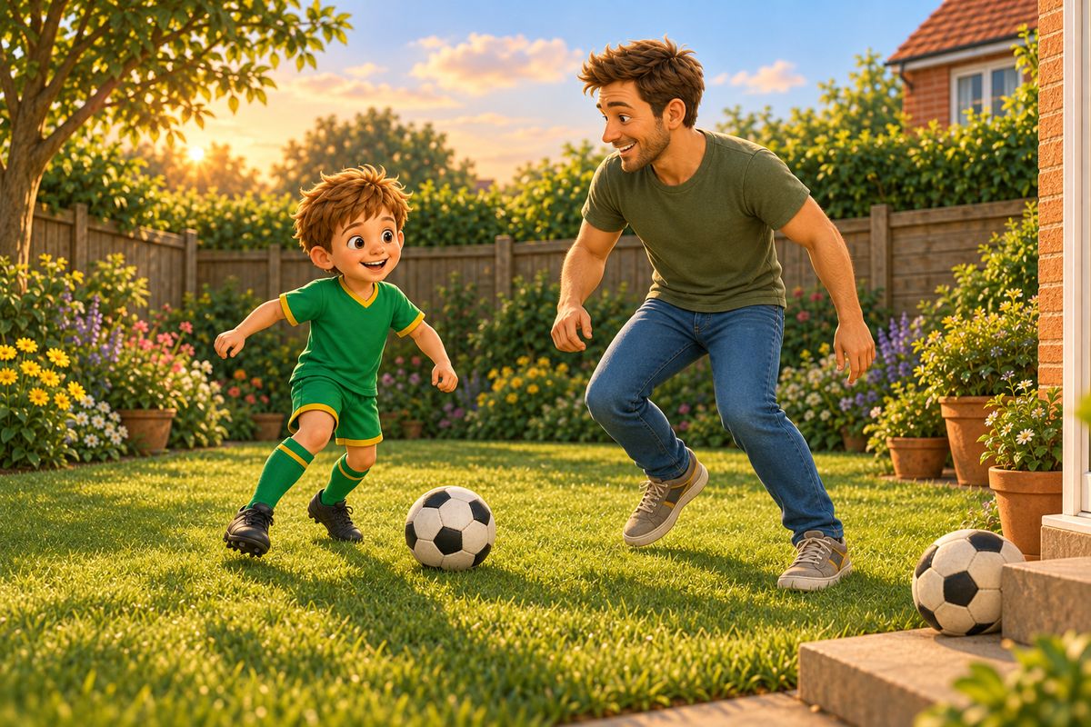 A dad and boy play a quick five-minute football kickabout in a small UK garden, a spare football tucked by the back step ready to grab.