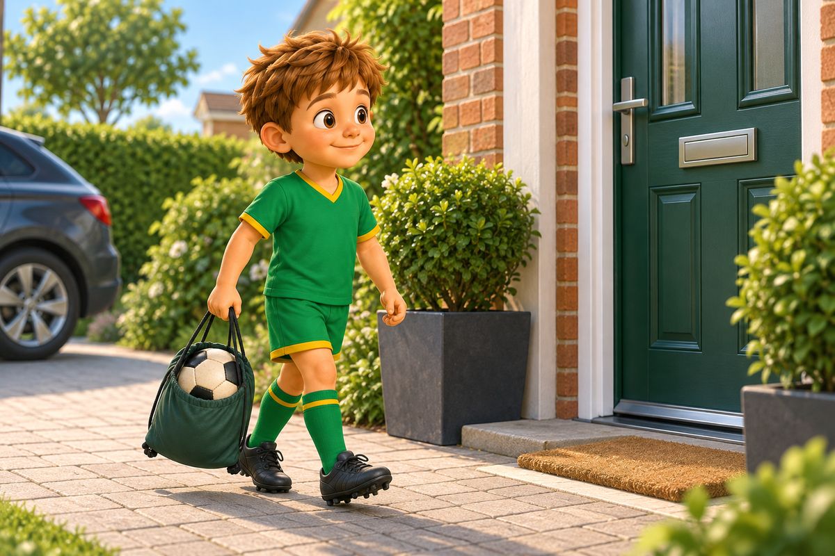 A boy carries a small football bag toward a front door, ready for a handover between two homes.