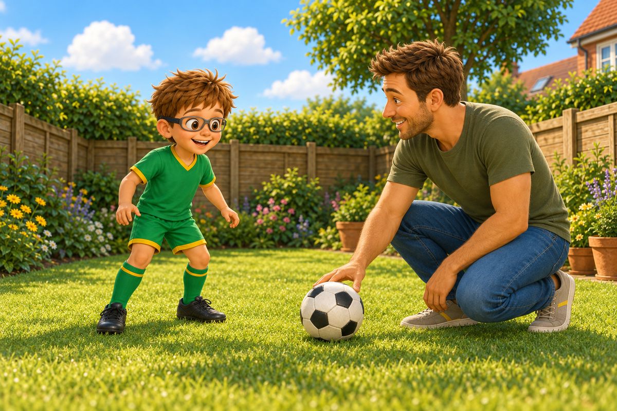 A boy wearing snug sports-strap eyewear plays football in a UK garden with a dad, the ball being passed gently along the ground rather than kicked high.