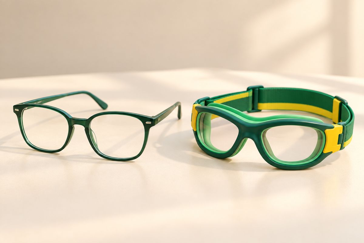 A close comparison view of two pairs of children's eyewear side by side: ordinary flat glasses and snug wraparound sports goggles with a strap.