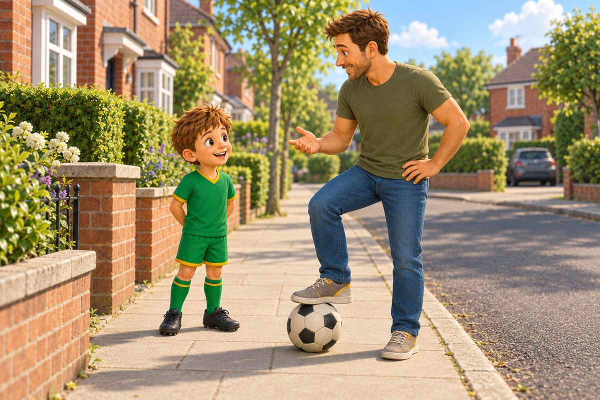 A dad stands on the kerb side of a quiet cul-de-sac pavement between a boy and the road, with a football under his foot while the boy waits calmly a few steps back.
