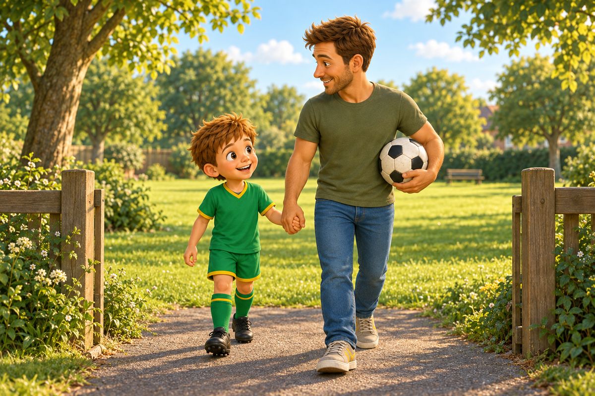 A dad and a boy walk together to the edge of a park, the dad with a football under one arm, with open grass and a low fence ahead of them.