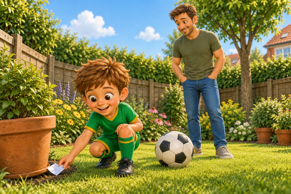A boy crouching to lift a folded paper clue from under a terracotta plant pot in the garden, football resting nearby, dad watching from a short distance.
