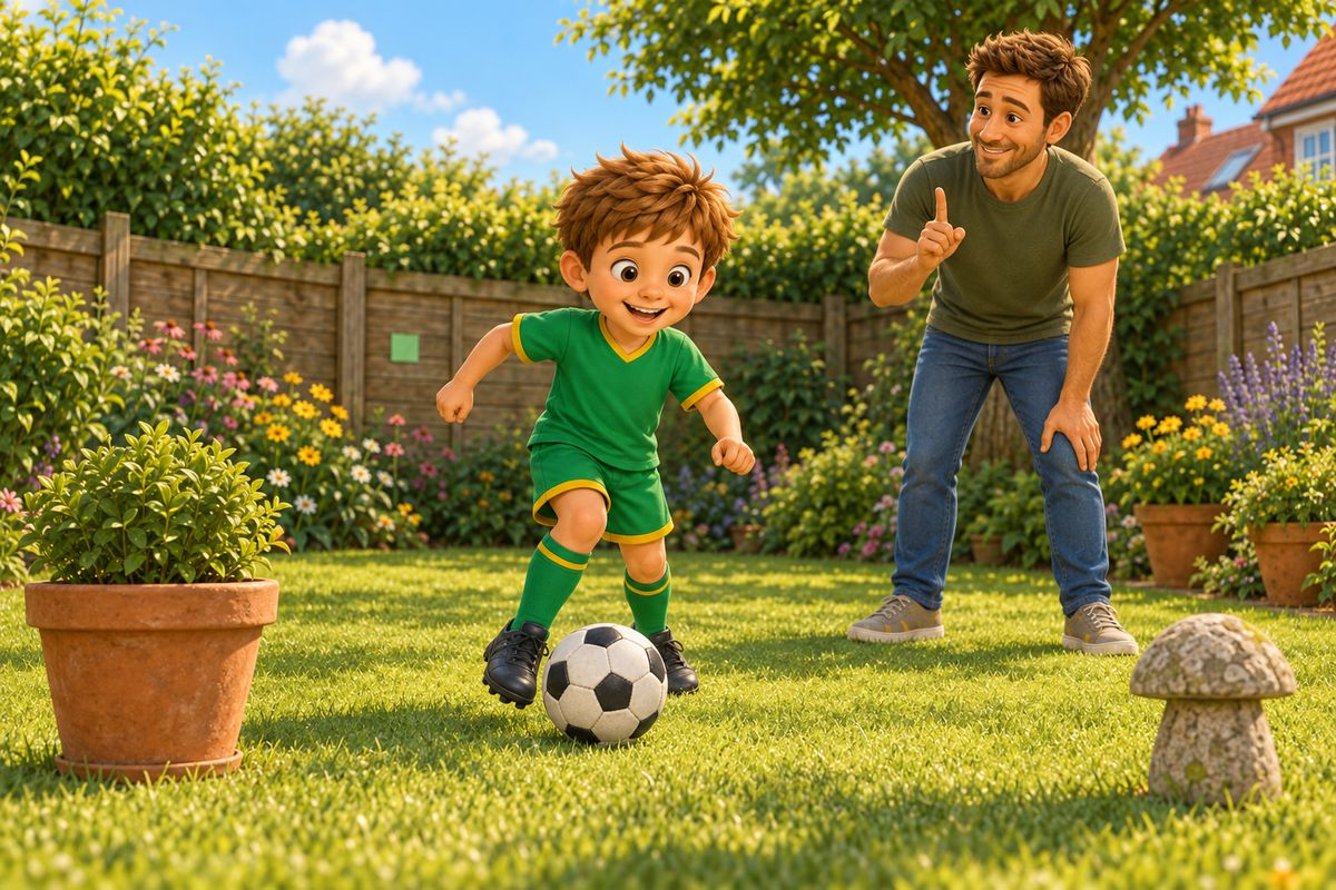 A boy dribbling a football in a garden with a taped target visible on a fence in the background, showing more than one football skills challenge station set up at once