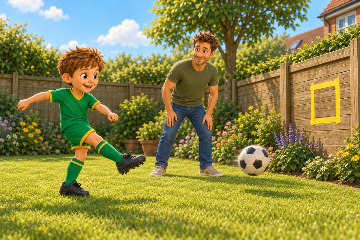 A boy shooting a football at one taped target low on a garden fence, with no other targets set up near it