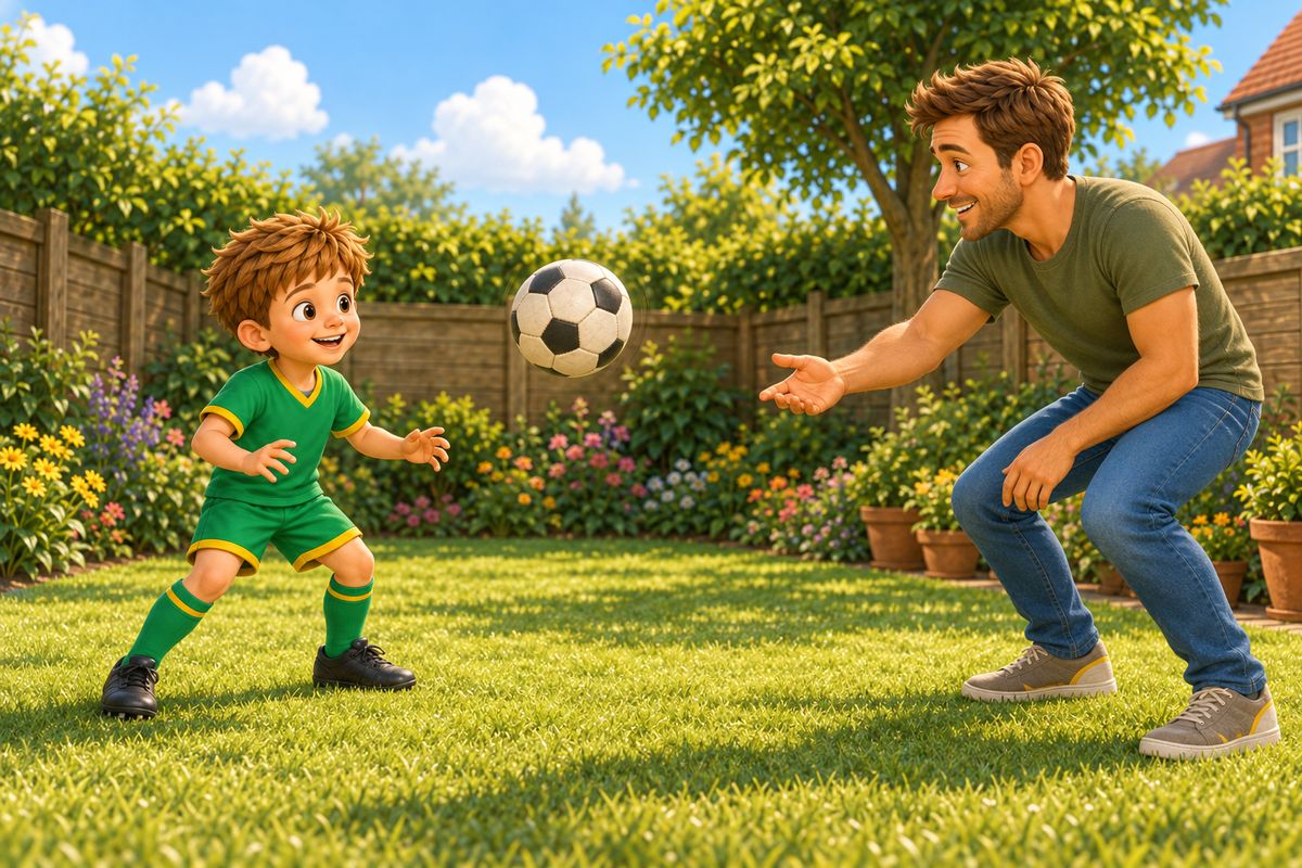 A dad gently tossing a football toward a boy who is focused and ready to control it with his foot.