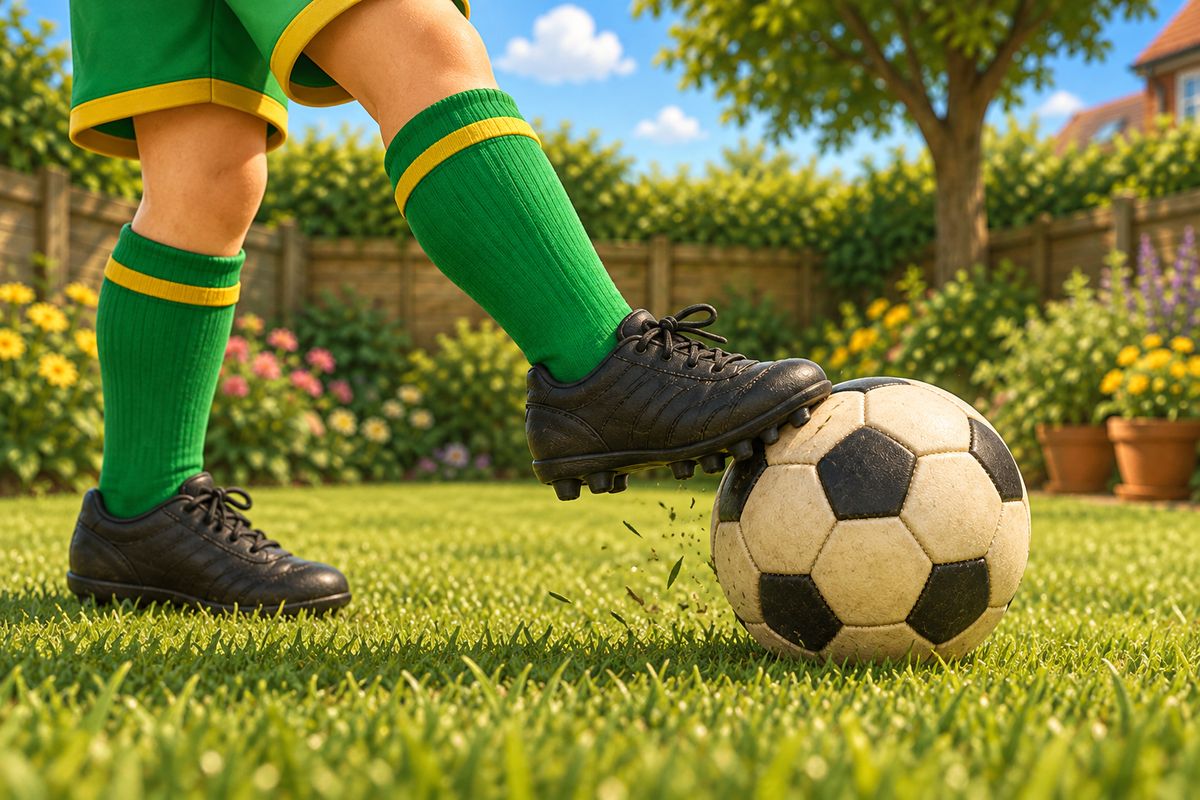 A close-up of a boy's weaker foot making contact with a football on grass.