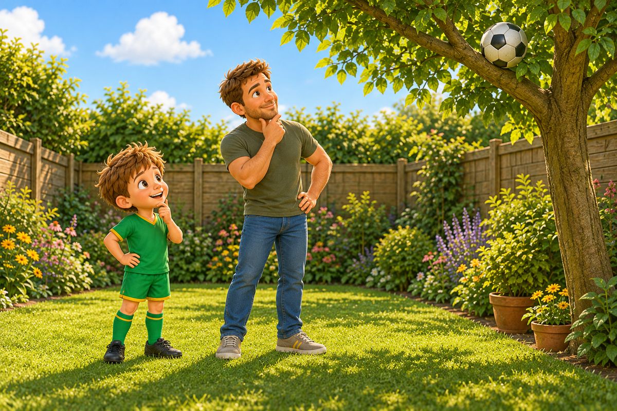 A dad and a boy stand on the lawn looking up at a football caught in the low branches of a garden tree.