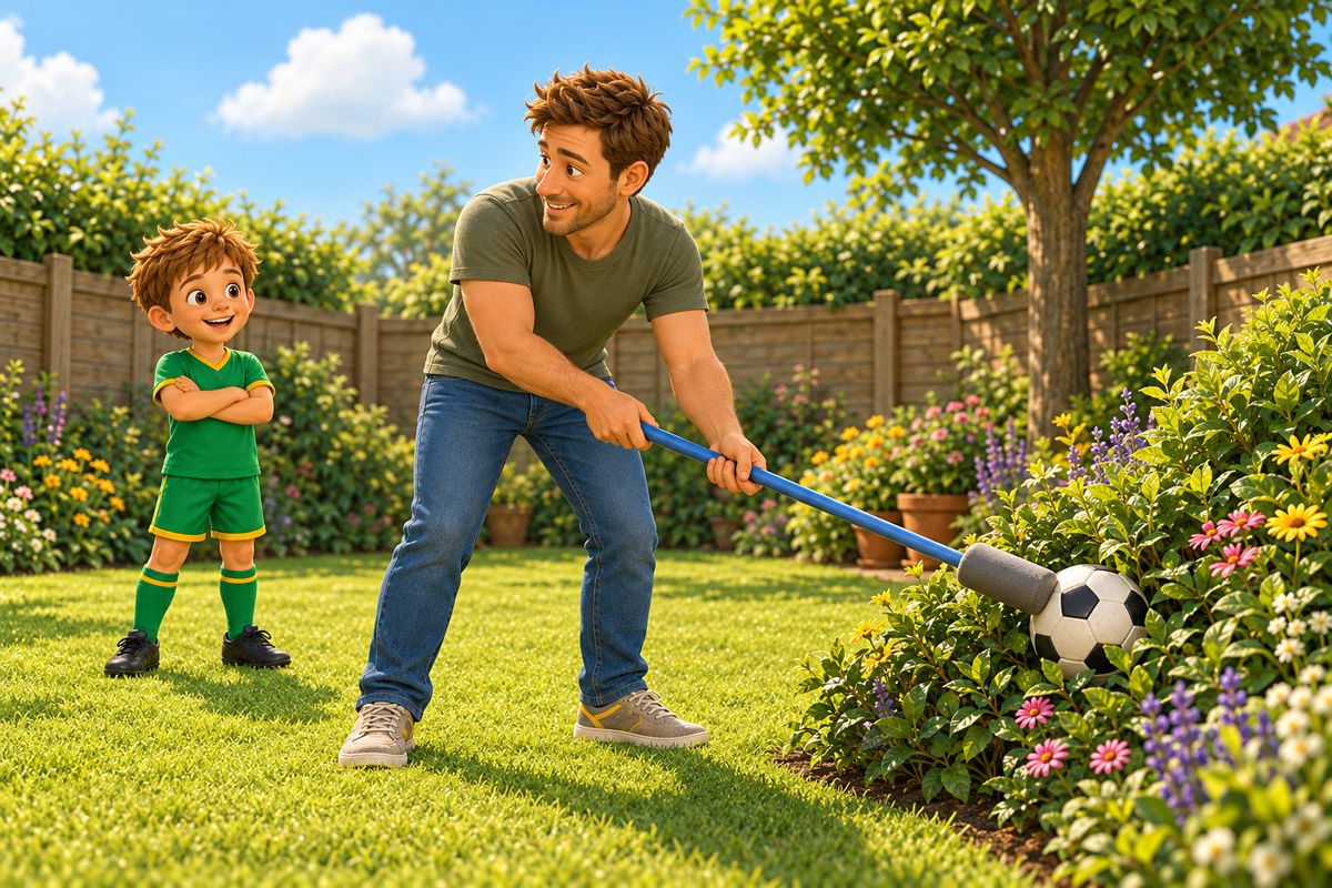 A dad holds a long soft pole low towards a football in a bush while a boy waits well back on the lawn.