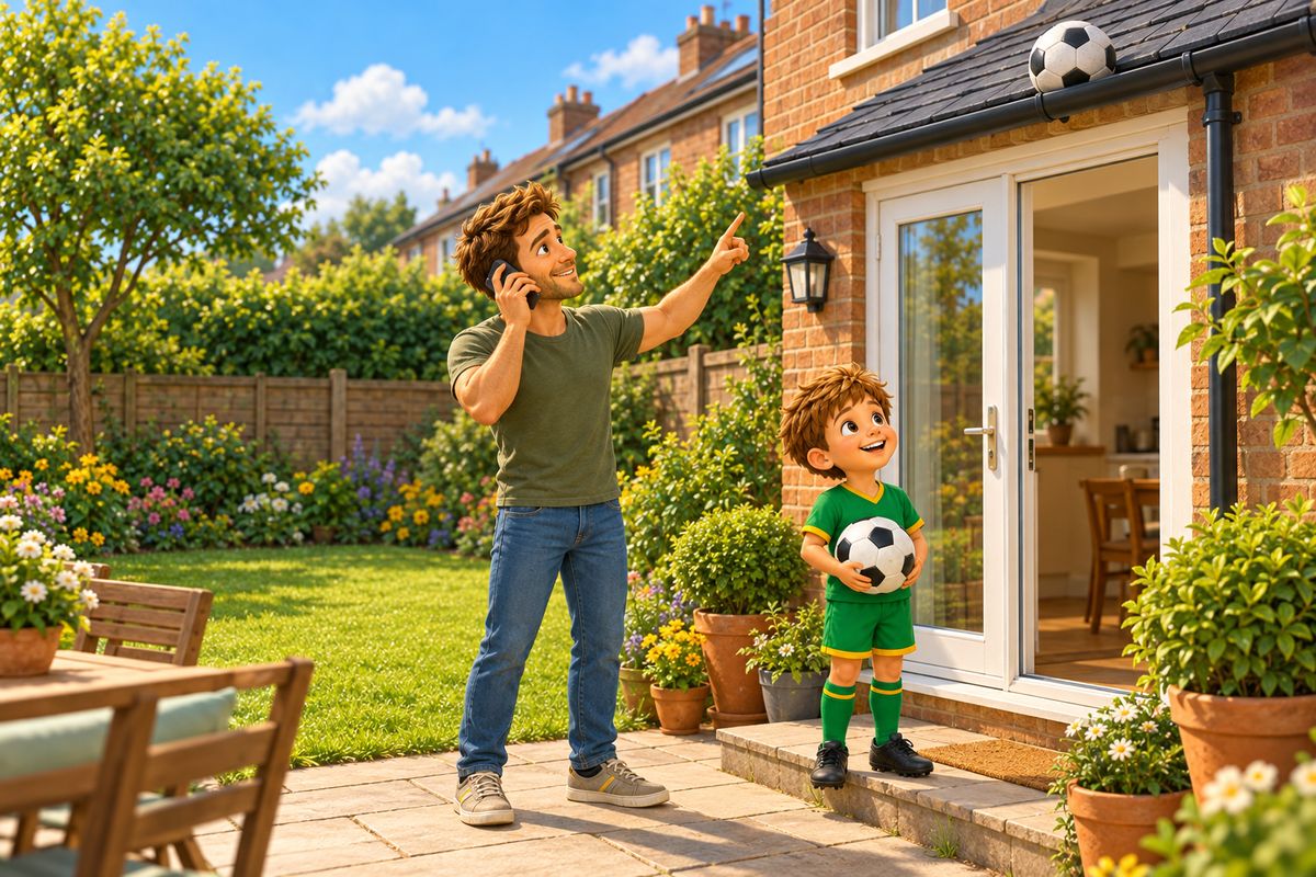A dad on the phone and a boy on the back step look up at a football resting on the guttering above the back door.