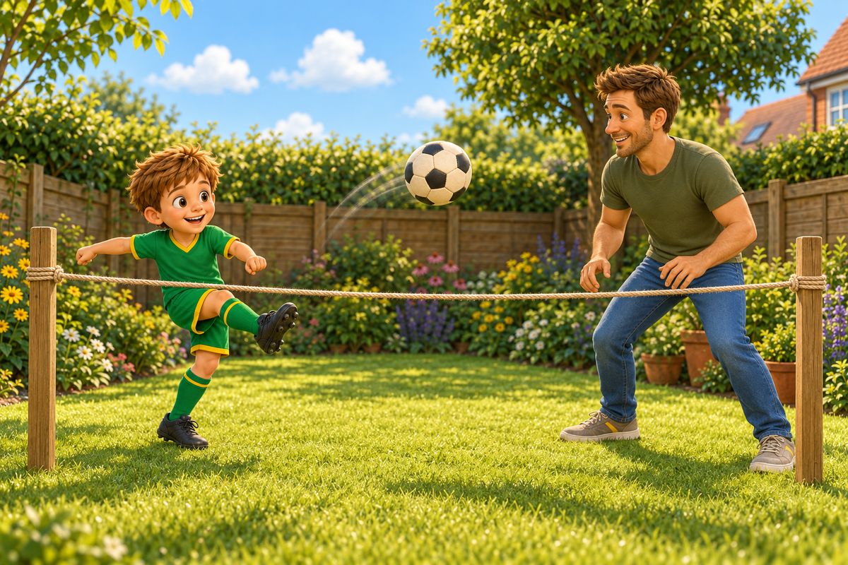 Dad and boy on opposite sides of a rope strung between two fence posts across a small garden, boy mid-kick sending the ball over the rope toward dad.