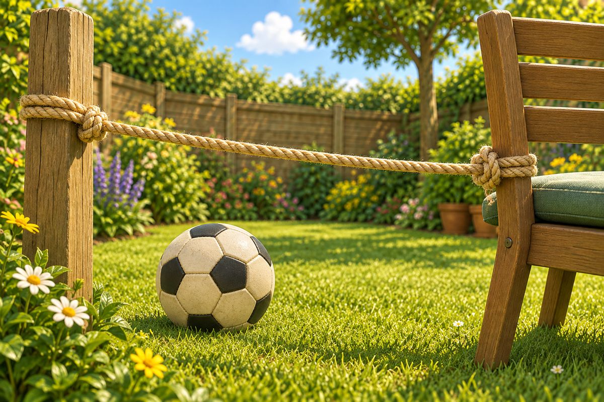 A close view of the rope tied at waist height between a fence post and a garden chair, ball resting on the grass just behind the line.