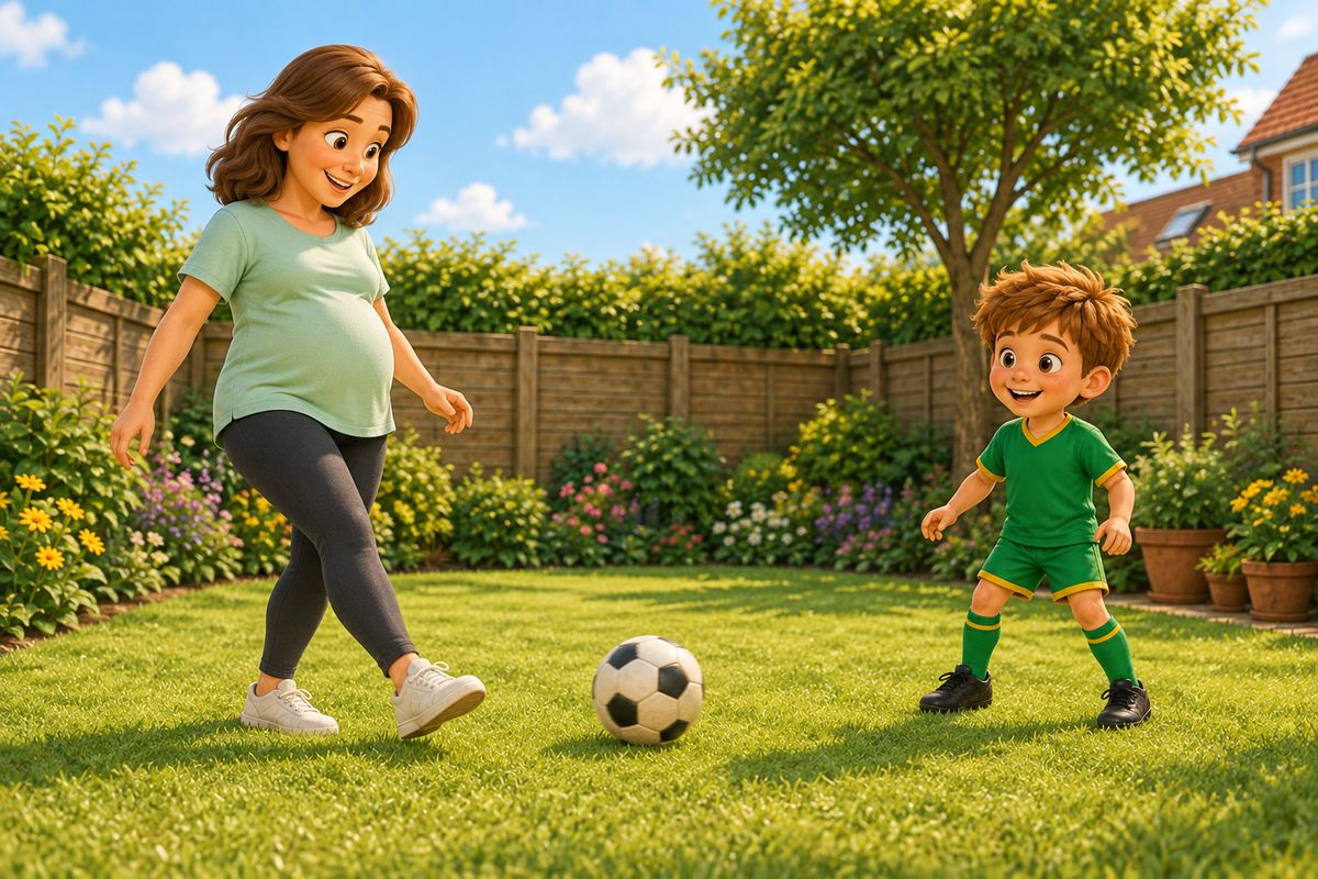 A visibly pregnant parent gently passes a football with a young boy in a UK garden, both standing a comfortable distance apart, the ball rolling calmly along the ground.