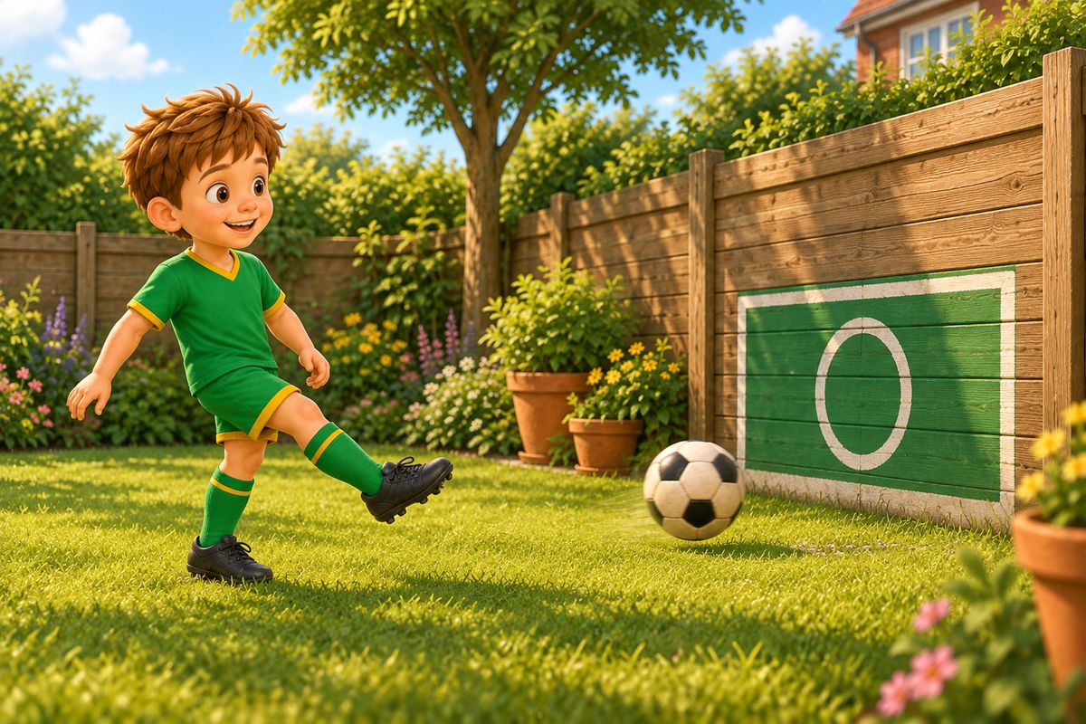 A boy practises stationary passing at a low target against a fence in a UK garden, playing solo while keeping the game gentle.