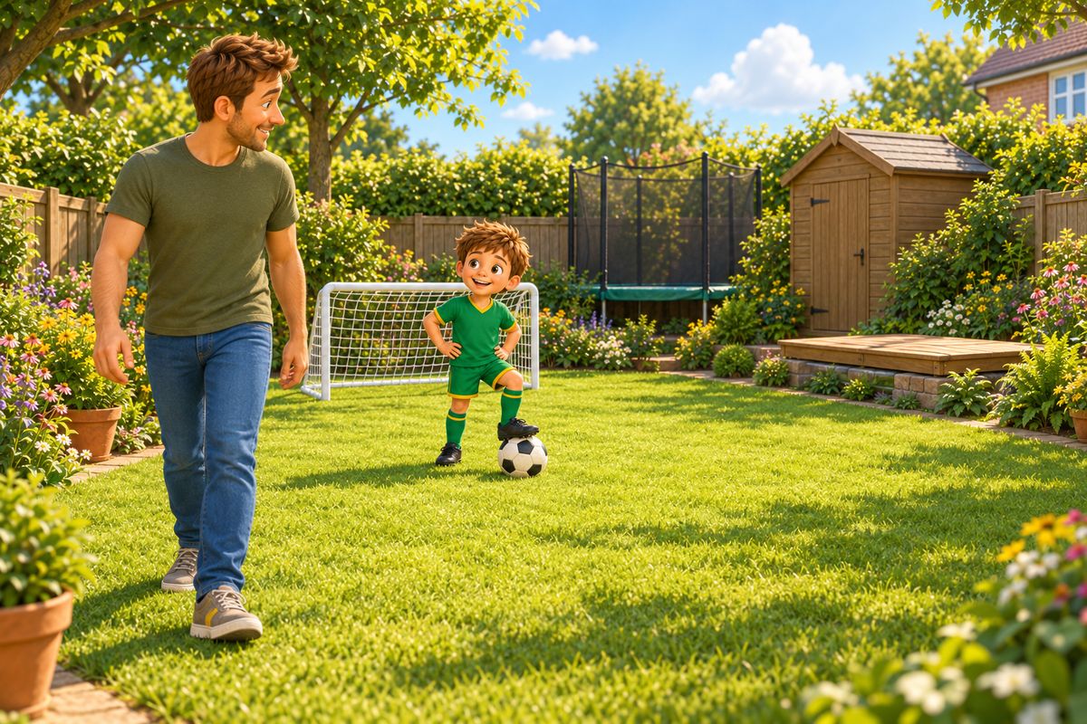 A dad walks the edge of the lawn checking the garden while his boy waits by a goal, with a covered pond and a closed shed at the far side.
