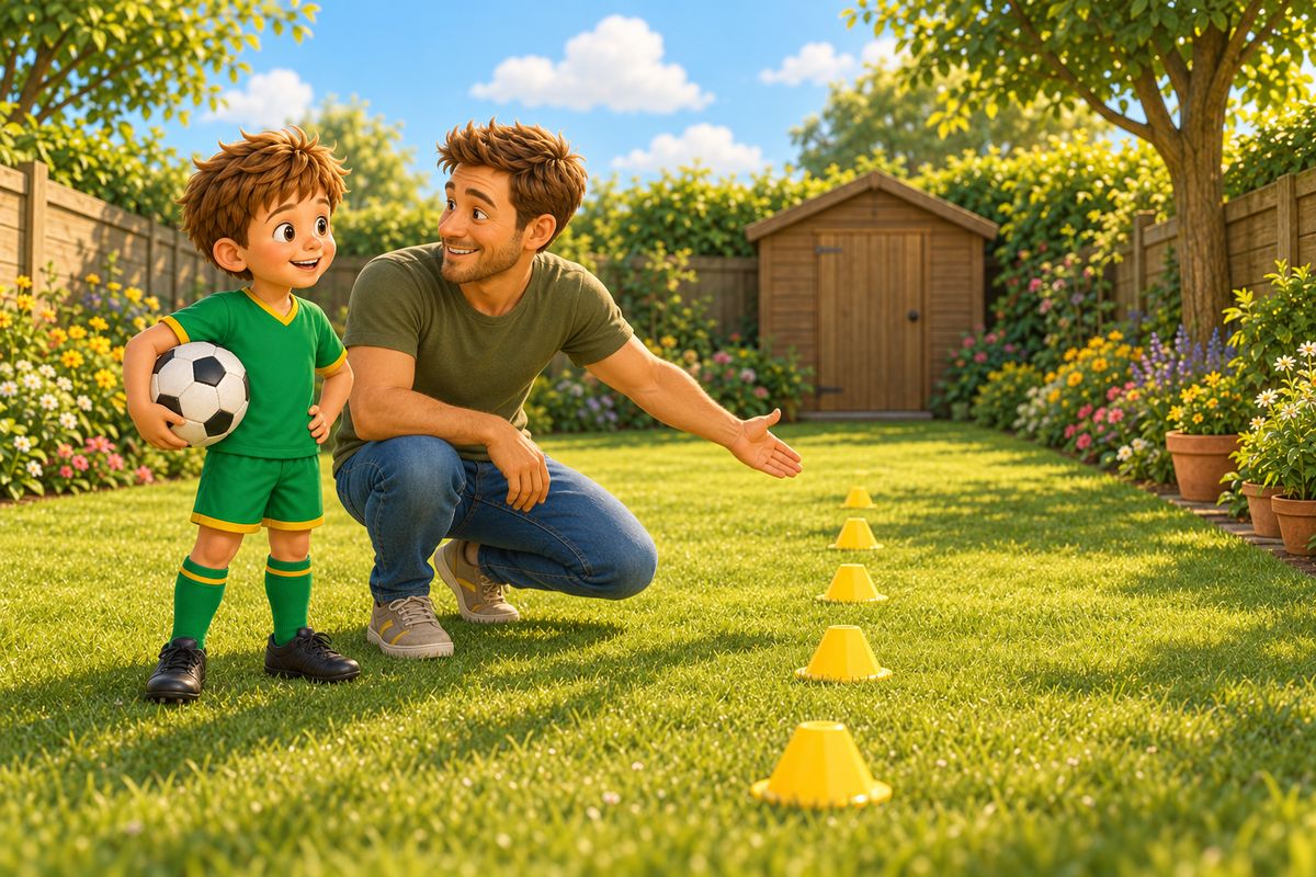 A dad and his boy stand at the edge of the lawn while dad points along a line of cones separating the play area from a closed shed.