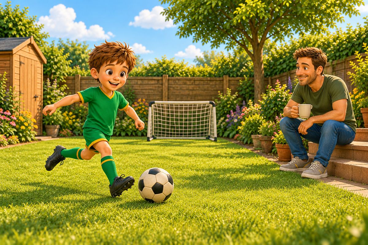 A boy kicks a ball gently across the open lawn towards a small goal while his dad watches from the back step.
