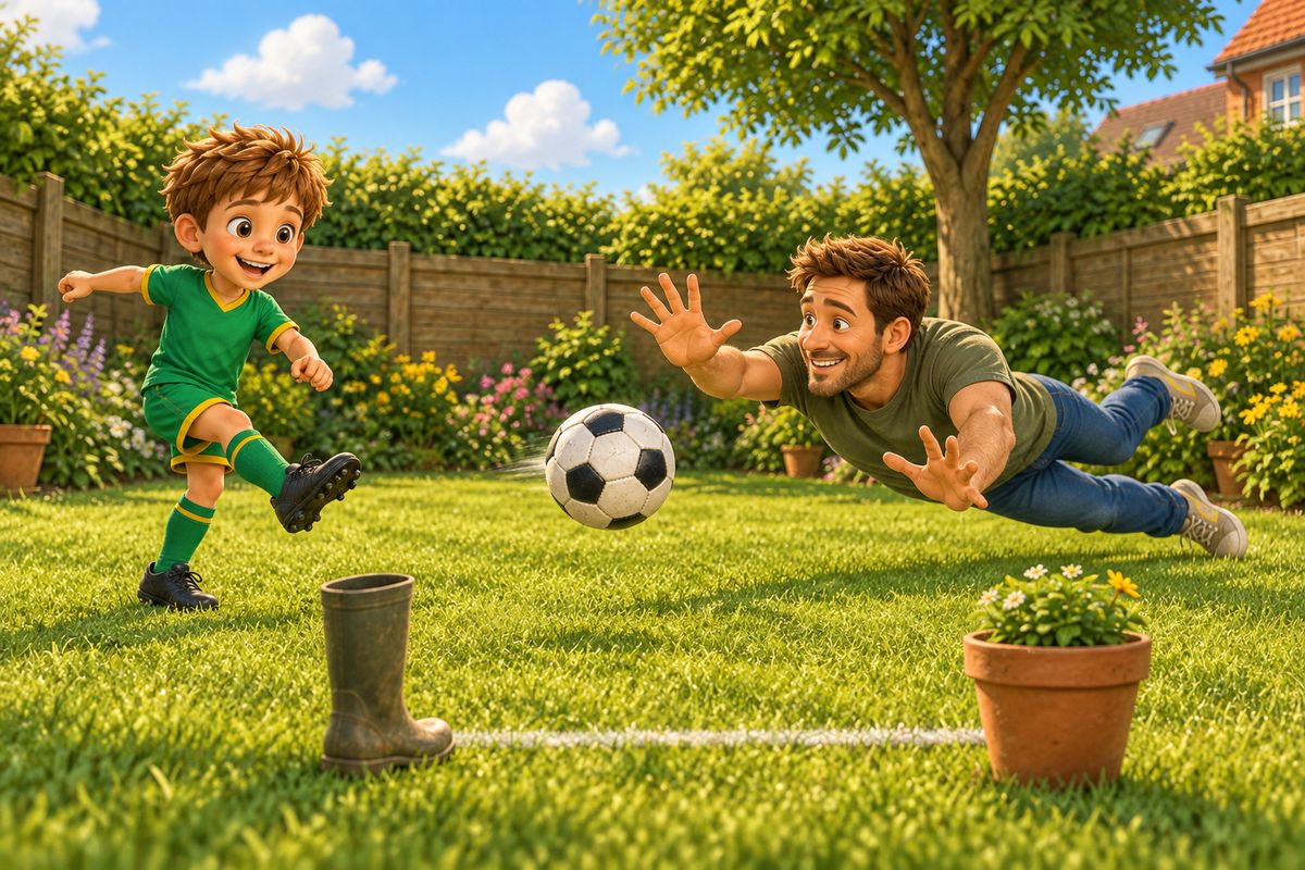 A boy striking a football toward an improvised garden goal marked by a welly boot and a plastic plant pot, while a dad in a goalkeeper stance dives to one side.